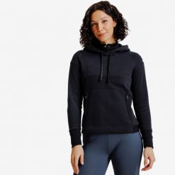 Bluza jeździecka z kapturem damska czarna. Czarne bluzy damskie FOUGANZA, na lato, l, bez wzorów, z bawełny, z kapturem. Za 139.99 zł.