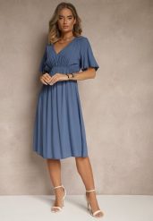 Granatowa Rozkloszowana Sukienka z Bawełnianej Tkaniny Lirioneae. Niebieskie sukienki damskie Renee, bez wzorów, z bawełny, eleganckie, bez ramiączek. W wyprzedaży za 55.99 zł.