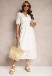 Biała Sukienka z Bawełny o Haftowanym Wykończeniu z Gumką w Talii Lomeda. Białe sukienki damskie Renee, bez wzorów, z bawełny, eleganckie, bez ramiączek. W wyprzedaży za 119.99 zł.