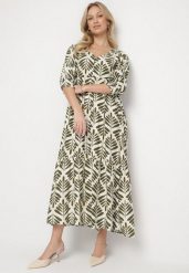 Zielona Rozkloszowana Sukienka z Wiskozą z Motywem Roślinnym Loredia. Zielone sukienki damskie Born2be, bez wzorów, z jeansu, eleganckie, bez ramiączek. Za 159.99 zł.