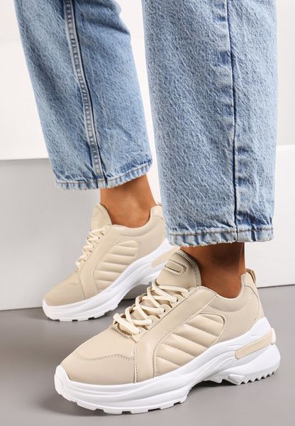 Beżowe Sneakersy Doreania. Brązowe obuwie sportowe damskie Renee, przed kostkę, bez zapięcia. Za 119.99 zł.