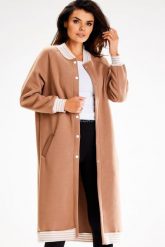Długa Rozpinana Bluza ze Stójką - Beżowa. Brązowe bluzy damskie Awama, l, bez wzorów, z bawełny, bez kaptura. Za 228.90 zł.