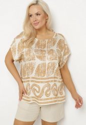 Beżowa Bluzka Nietoperz z Wiskozy w Abstrakcyjny Print Jenoloria. Brązowe bluzki damskie Born2be, xl, bez wzorów, z jeansu, eleganckie, bez kołnierzyka, bez ramiączek. Za 49.99 zł.