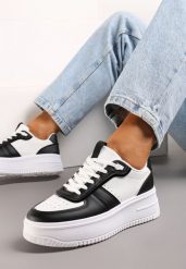 Biało-Czarne Sznurowane Sneakersy na Grubej Podeszwie Salsabil. Białe obuwie sportowe damskie Renee, z materiału, bez zapięcia. Za 79.99 zł.