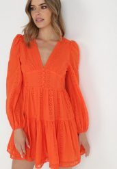 Pomarańczowa Sukienka Merirah. Brązowe sukienki damskie Born2be, z aplikacjami, z bawełny, bez ramiączek. Za 249.99 zł.