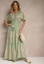 Zielona Wiskozowa Sukienka Boho o Kopertowym Kroju z Metalicznym Haftem Redeselle. Zielone sukienki damskie Renee, z aplikacjami, z wiskozy, boho, bez ramiączek. W wyprzedaży za 91.99 zł.