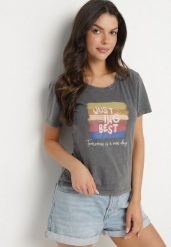 Ciemnoszary Bawełniany T-shirt Ozdobiony Nadrukiem Alonera. Szare t-shirty damskie Born2be, s, bez wzorów, z bawełny, bez kołnierzyka. Za 39.99 zł.