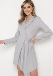 Jasnoszara Rozkloszowana Sukienka Mini z Kopertową Górą i Plisami na Dole Lontasa. Szare sukienki damskie Born2be, bez wzorów, eleganckie, bez ramiączek. W wyprzedaży za 127.49 zł.