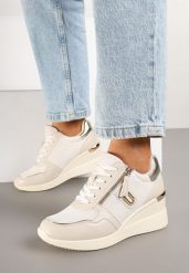 Beżowe Sneakersy na Koturnie Zdobione Suwakiem Hanithiel. Brązowe obuwie sportowe damskie Born2be, z jeansu, bez zapięcia. Za 109.99 zł.