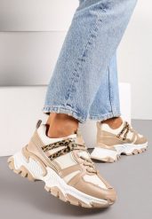 Ciemnobeżowe Sznurowane Sneakersy na Grubej Podeszwie ze Wstawkami i Brokatem Widgeta. Brązowe obuwie sportowe damskie Renee, bez zapięcia. Za 89.99 zł.