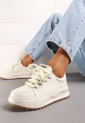 Białe Skórzane Sneakersy na Platformie z Szerokim Sznurowaniem Wicca. Białe obuwie sportowe damskie Born2be, z jeansu, bez zapięcia. Za 189.99 zł.