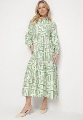 Zielona Rozkloszowana Sukienka Koszulowa z Wiskozą w Geometryczny Wzór Alineria. Zielone sukienki damskie Born2be, bez wzorów, z bawełny, eleganckie, bez ramiączek. W wyprzedaży za 127.49 zł.