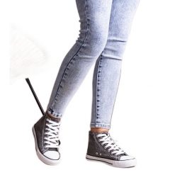 Czarne wysokie trampki błyszczące Ranifali. Czarne trampki damskie bez wzorów, z jeansu, bez zapięcia. Za 74.48 zł.