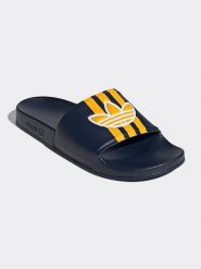 Adidas Klapki w kolorze granatowo-żółtym rozmiar: 42. Niebieskie klapki damskie Adidas, bez wzorów, z otwartym noskiem, bez obcasa, bez zapięcia. Za 162.49 zł.