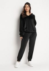 Czarny Welurowy Komplet Dresowy Bluza z Trójkątnym Dekoltem i Spodnie z Kieszeniami Onchia. Czarne bluzy damskie Born2be, l, bez wzorów, z dresówki, bez kaptura. Za 99.99 zł.