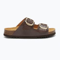 Klapki damskie Scholl Noelle Syntetic Reptile. Brązowe klapki damskie Scholl, bez wzorów, z materiału, bez obcasa, bez zapięcia. Za 249.99 zł.