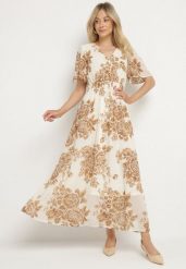 Jasnobeżowa Sukienka w Kwiaty o Rozkloszowanym Kroju z Wiązaniem Raloiti. Brązowe sukienki damskie Born2be, bez wzorów, eleganckie, bez ramiączek. Za 129.99 zł.