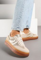 Beżowe Wężowe Sneakersy Typu Kultowe Tenisówki na Niskiej Platformie Olritia. Brązowe obuwie sportowe damskie Renee, bez wzorów, z materiału, bez zapięcia. Za 89.99 zł.