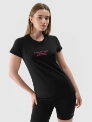 4F T-shirt slim z nadrukiem damski - czarny M. Czarne t-shirty damskie 4F, m, bez wzorów, z dzianiny, bez kołnierzyka. W wyprzedaży za 29.99 zł.