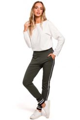 Zielone Dzianinowe Spodnie z Lampasem i Ściągaczami. Zielone spodnie dresowe damskie MOE, l, bez wzorów, z bawełny. Za 229.90 zł.