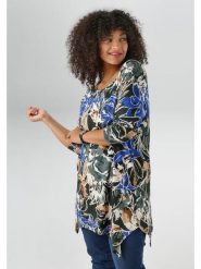 Aniston Bluzka w kolorze antracytowo-beżowo-niebieskim rozmiar: 50. Czarne bluzki damskie Aniston, bez wzorów, z asymetrycznym kołnierzem, bez ramiączek. Za 82.83 zł.