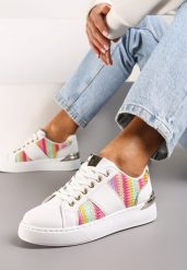Biało-Różowe Sznurowane Sneakersy z Ekoskóry z Plecionką i Metaliczną Wstawką Josephina. Białe obuwie sportowe damskie Renee, bez zapięcia. Za 74.99 zł.