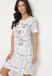 Biała Bawełniana Sukienka o T-shirtowym Kroju z Ozdobnym Nadrukiem Feviressa. Białe sukienki damskie Born2be, bez wzorów, z bawełny, eleganckie, bez ramiączek. W wyprzedaży za 38.24 zł.