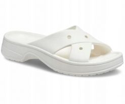 Klapki Dla Dorosłych Crocs Womens Cross Strap. Białe klapki damskie Crocs, bez wzorów, z materiału, bez obcasa, bez zapięcia. Za 159.99 zł.