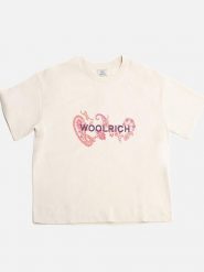 Woolrich Koszulka "Graphic" w kolorze kremowym rozmiar: XS. Brązowe koszulki damskie Woolrich, xs, bez wzorów, z bawełny, bez kołnierzyka, bez ramiączek. Za 100.99 zł.