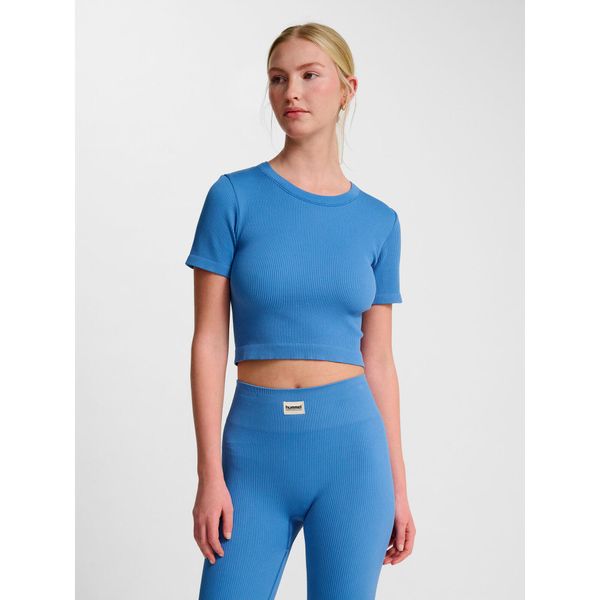 Damska koszulka bezszwowa Hummel Pulse. Niebieskie koszulki damskie Hummel, bez wzorów, bez kołnierzyka, bez ramiączek. Za 153.50 zł.
