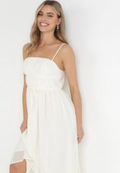 Beżowa Rozkloszowana Sukienka Midi na Cienkich Ramiączkach z Wiązaniem w Talii Tessonne. Brązowe sukienki damskie Born2be, bez wzorów, bez ramiączek. Za 129.99 zł.