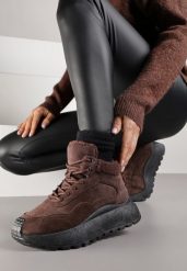 Brązowe Sneakersy Śniegowce Vices na Platformie Ozdobione Napisem i Futerkiem Lanite. Brązowe obuwie sportowe damskie Renee, z jeansu, bez zapięcia. Za 109.99 zł.