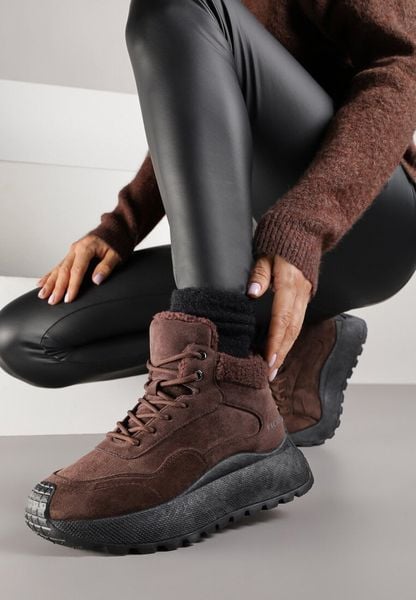 Brązowe Sneakersy Śniegowce Vices na Platformie Ozdobione Napisem i Futerkiem Lanite. Brązowe obuwie sportowe damskie Renee, z jeansu, bez zapięcia. Za 109.99 zł.