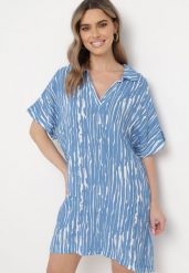 Niebieska Sukienka z Bawełny i Lnu z Kołnierzykiem Bumstolia. Niebieskie sukienki damskie Born2be, bez wzorów, z bawełny, biznesowe, bez ramiączek. Za 79.99 zł.