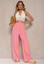 Pomarańczowe Bawełniane Muślinowe Spodnie Szerokie High Waist w Paski Mavirise. Brązowe spodnie materiałowe damskie Renee, bez wzorów, z bawełny. Za 84.99 zł.