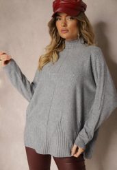 Jasnoszary Golf o Kroju Oversize z Eleganckim Cyrkoniowym Zdobieniem przy Dekolcie Melirra. Szare golfy damskie Renee, z aplikacjami, bez ramiączek. Za 84.99 zł.