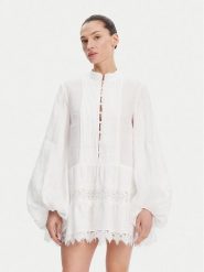BARDOT Sukienka letnia Antonia Lace Trim 59849DB Biały Relaxed Fit. Białe sukienki damskie Bardot, bez wzorów, ze lnu, bez ramiączek. Za 669.99 zł.