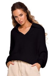 Sweter w Szpic z Kołnierzykiem - Czarny. Czarne swetry klasyczne damskie MOE, l, z materiału, bez kołnierzyka. Za 228.90 zł.