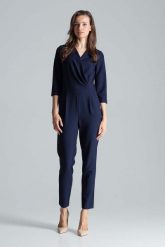 Kombinezon z Kopertowym Dekoltem - Granatowy. Niebieskie kombinezony damskie Figl, l, bez wzorów, z materiału, eleganckie, bez kołnierzyka, bez ramiączek. Za 309.00 zł.