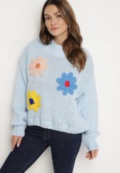Jasnoniebieski Sweter z Wiskozą Ozdobiony Kwiatami 3D Alabine. Niebieskie swetry klasyczne damskie Born2be, l, z jeansu, bez kołnierzyka. Za 99.99 zł.