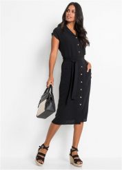 Sukienka koszulowa z wiązanym paskiem. Czarne sukienki damskie bonprix, bez wzorów, bez ramiączek. Za 137.99 zł.