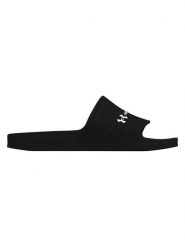 Under Armour Klapki "Shower Slide" w kolorze czarnym rozmiar: 38. Czarne klapki damskie Under Armour, bez wzorów, z otwartym noskiem, bez obcasa, bez zapięcia. Za 74.99 zł.