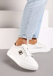Białe Skórzane Sneakersy na Tłoczonej Podeszwie Ozdobione Metalową Aplikacją Everinda. Białe kombinezony damskie Born2be, z aplikacjami, z jeansu, eleganckie, bez kołnierzyka, bez ramiączek. Za 179.99 zł.