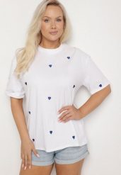 Biało-Niebieski Bawełniany T-shirt Zdobiony Haftem w Kształcie Serc Naloree. Białe t-shirty damskie Born2be, l, z aplikacjami, z bawełny, bez kołnierzyka. Za 69.99 zł.