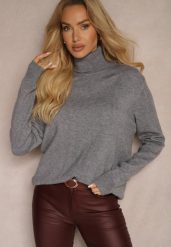 Szary Casualowy Golf z Dodatkiem Bawełny i Wiskozy Lerinae. Szare golfy damskie Renee, l, bez wzorów, z bawełny, bez ramiączek. Za 59.99 zł.