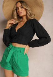 Zielone Szorty High Waist Wiązane w Pasie Gilalilena. Zielone szorty damskie Renee, bez wzorów, z materiału, z podwyższonym stanem. Za 39.99 zł.