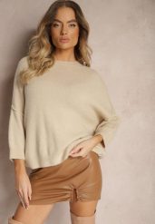 Beżowy Sweter z Wełną z Alpaki i Krótszym Rękawem Irissania. Brązowe swetry klasyczne damskie Renee, z wełny, bez kołnierzyka. Za 159.99 zł.