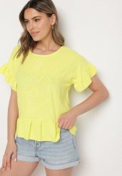 Żółta Bluzka o Kroju Oversize z Falbanami Livelle. Żółte bluzki damskie Born2be, uniwersalny, bez wzorów, z jeansu, bez kołnierzyka, bez ramiączek. Za 59.99 zł.