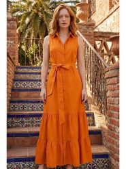 SOULSHAE Sukienka w kolorze pomarańczowym rozmiar: L/XL. Pomarańczowe sukienki damskie SOULSHAE, bez wzorów, z tkaniny, bez ramiączek. Za 150.95 zł.