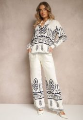 Beżowy Komplet z Wiskozą Koszula i Spodnie Zdobione Ornamentalnym Wzorem Gavris. Brązowe koszule damskie Renee, na lato, m, z aplikacjami, z materiału, eleganckie, bez kołnierzyka, bez ramiączek. Za 129.99 zł.